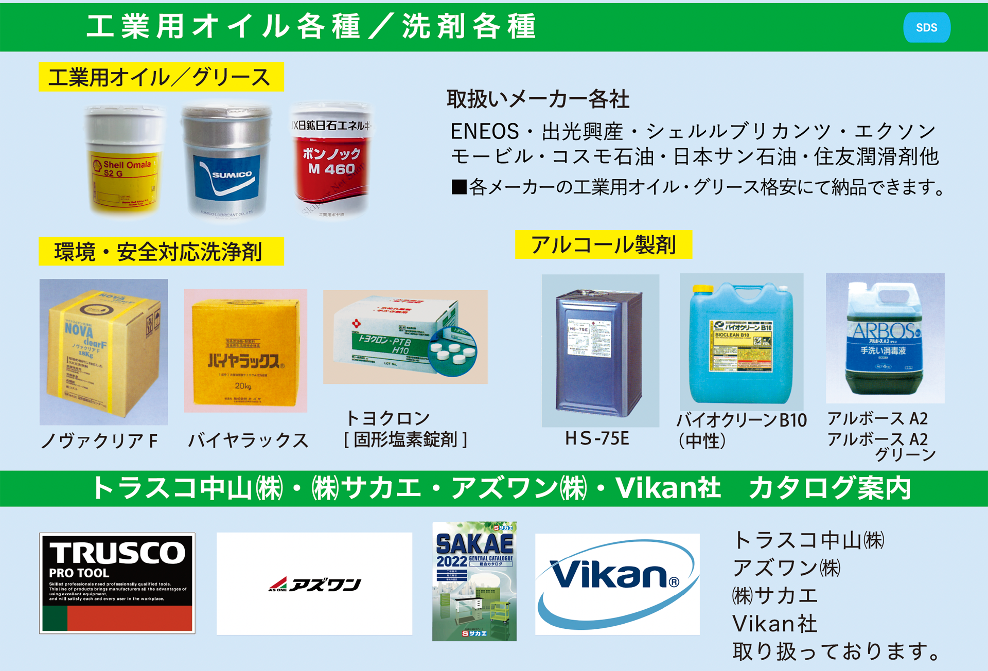 工業用オイル各種/洗剤各種、トラスコ中山(株)・サカエ(株)アズワン（株）カタログ案内、Vikan社製品